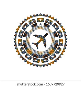 plane icon inside arabic badge background. Arabesque decoration.