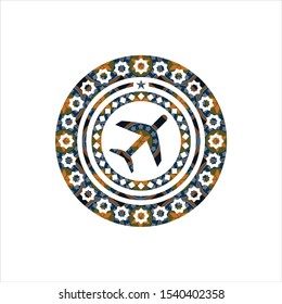 plane icon inside arabic emblem background. Arabesque decoration.
