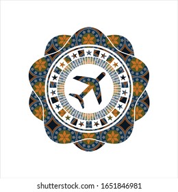 plane icon inside arabic emblem. Arabesque decoration.