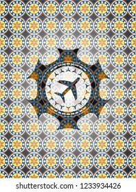 plane icon inside arabic style badge. Arabesque decoration.