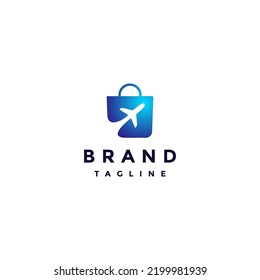 Plane Icon Inside Bag Logo Design. Blue Shopping Bag With Airplane Icon Inside.