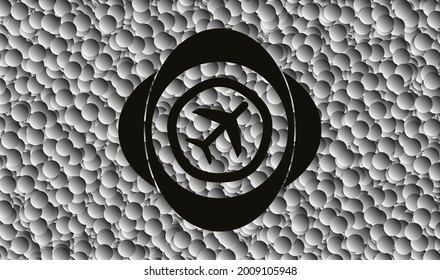 plane icon inside black emblem with bubbles background. Vector Illustration. Detailed. 