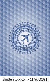 plane icon inside blue badge with geometric background.