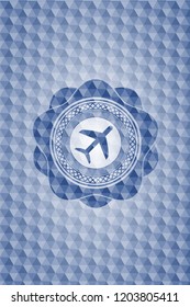 plane icon inside blue badge with geometric pattern.