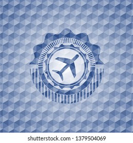 plane icon inside blue badge with geometric pattern.