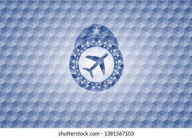 plane icon inside blue badge with geometric pattern background.