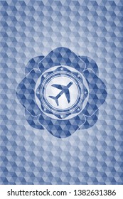 plane icon inside blue badge with geometric background.