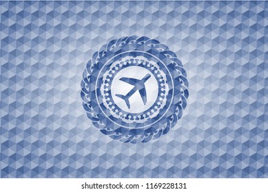plane icon inside blue emblem with geometric pattern background.