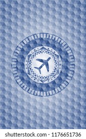 plane icon inside blue emblem with geometric background.