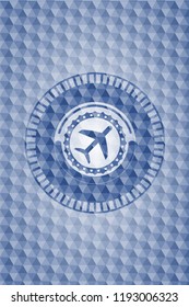 plane icon inside blue emblem or badge with abstract geometric polygonal pattern background.