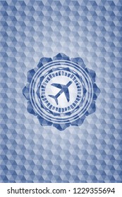 plane icon inside blue emblem or badge with abstract geometric polygonal pattern background.