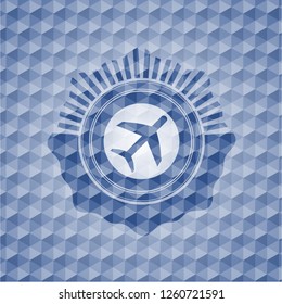 plane icon inside blue emblem or badge with abstract geometric pattern background.