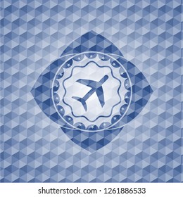 plane icon inside blue emblem or badge with abstract geometric polygonal pattern background.