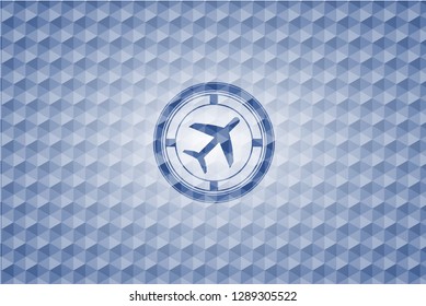plane icon inside blue emblem or badge with geometric pattern background.
