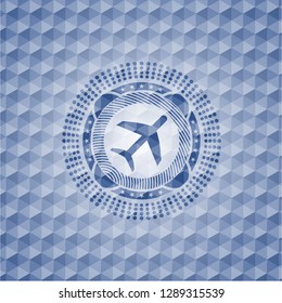 plane icon inside blue emblem or badge with geometric pattern background.