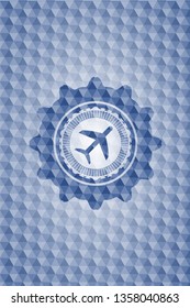 plane icon inside blue emblem with geometric background.