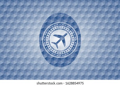 plane icon inside blue emblem with geometric background.