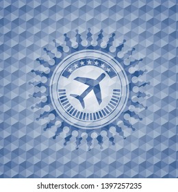 plane icon inside blue hexagon badge.
