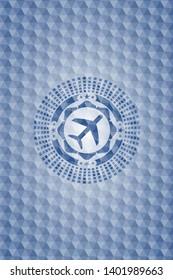 plane icon inside blue hexagon badge.