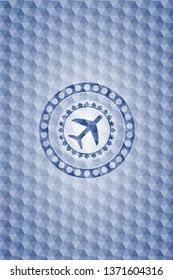 plane icon inside blue polygonal emblem.