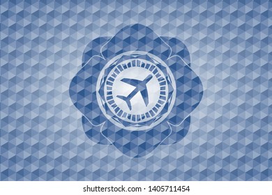 plane icon inside blue polygonal emblem.