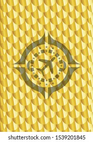 plane icon inside gold badge. Scales pattern. Vector Illustration. Detailed.