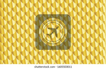 plane icon inside gold badge or emblem. Scales pattern. Vector Illustration. Detailed.