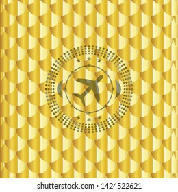plane icon inside gold emblem or badge. Scales pattern. Vector Illustration. Detailed.