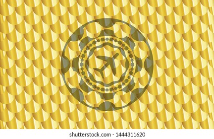 plane icon inside gold emblem. Scales pattern. Vector Illustration. Detailed.