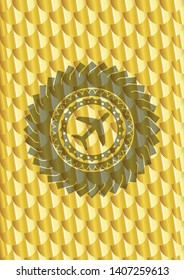 plane icon inside gold shiny emblem. Scales pattern. Vector Illustration. Detailed.
