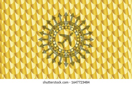 Flugzeugsymbol in goldglänzendem Emblem. Skaliert Muster. Vektorillustration Illustration. Detaillierte Angaben.