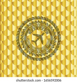 plane icon inside gold shiny emblem. Scales pattern. Vector Illustration. Detailed.