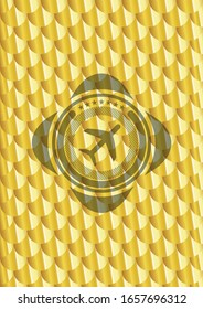 plane icon inside golden badge or emblem. Scales pattern. Vector Illustration. Detailed.