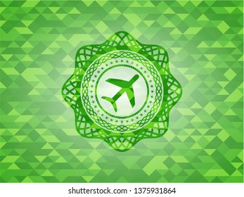 plane icon inside green emblem. Mosaic background