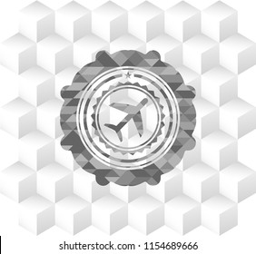 plane icon inside grey badge with geometric cube white background