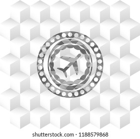 plane icon inside grey icon or emblem with geometric cube white background