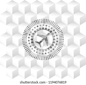plane icon inside grey emblem. Retro with geometric cube white background