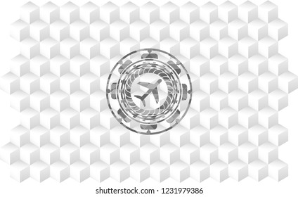 plane icon inside grey emblem with cube white background