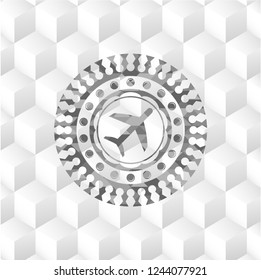 plane icon inside grey icon or emblem with geometric cube white background