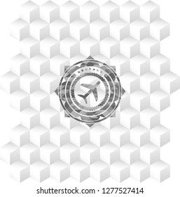plane icon inside grey emblem. Vintage with geometric cube white background