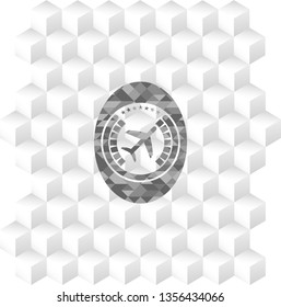 plane icon inside grey emblem with cube white background