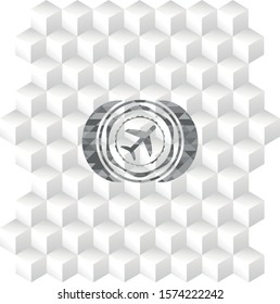 plane icon inside grey emblem. Vintage with geometric cube white background