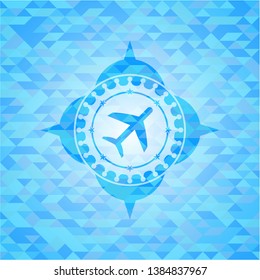 plane icon inside light blue emblem with mosaic background