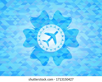 plane icon inside light blue emblem with mosaic background. 