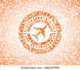 plane icon inside orange mosaic emblem. 