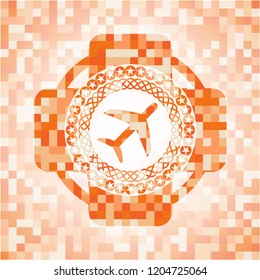 plane icon inside orange tile background illustration. Square geometric mosaic seamless pattern with emblem inside.