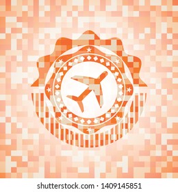 plane icon inside orange tile background illustration. Square geometric mosaic seamless pattern with emblem inside.