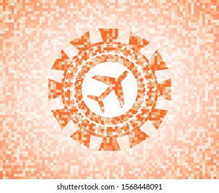 plane icon inside orange tile background illustration. Square geometric mosaic seamless pattern with emblem inside.