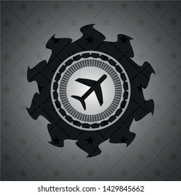 plane icon inside realistic black emblem