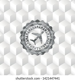 plane icon inside realistic grey emblem with cube white background